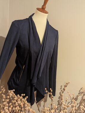 Navy Draped Open Front Suede Jacket